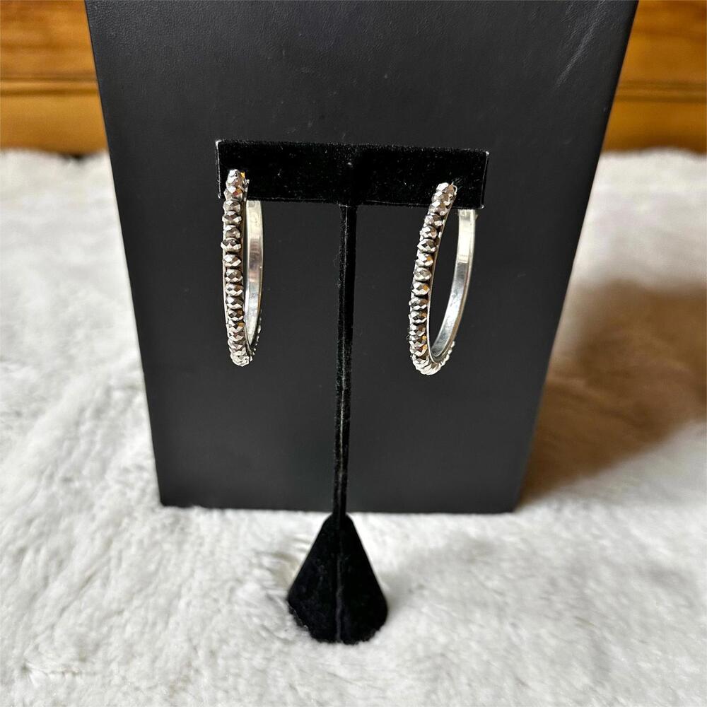 Gray Sparkly Beaded Hoop Earrings 1.75" Silver Plated